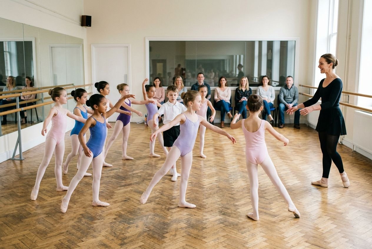 Enfants danseurs en tutu écoutant une maîtresse dans un studio, stages danse enfant vacances pâques.