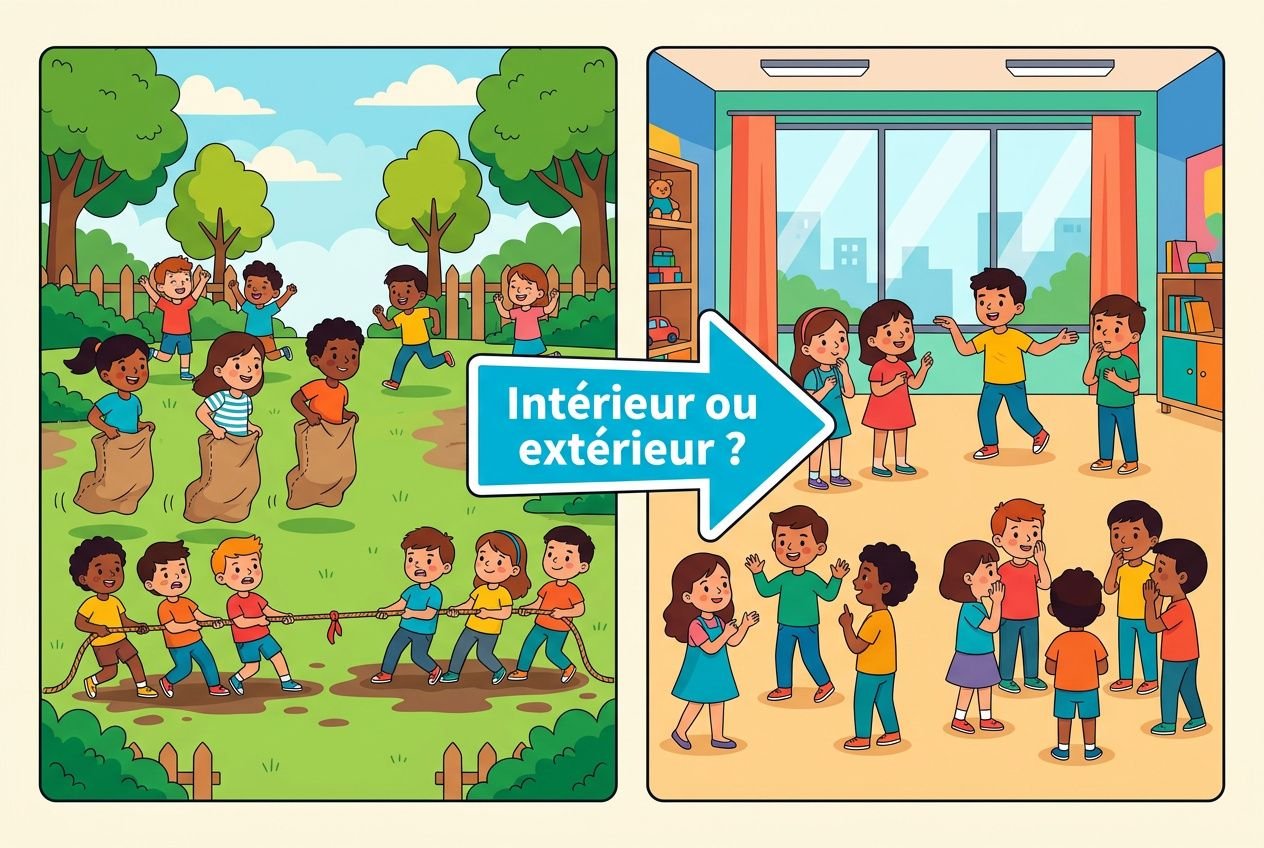 Enfants jouant à des jeux collectifs pour enfants à l’extérieur et à l’intérieur, avec une flèche « Intérieur ou extérieur ? ».