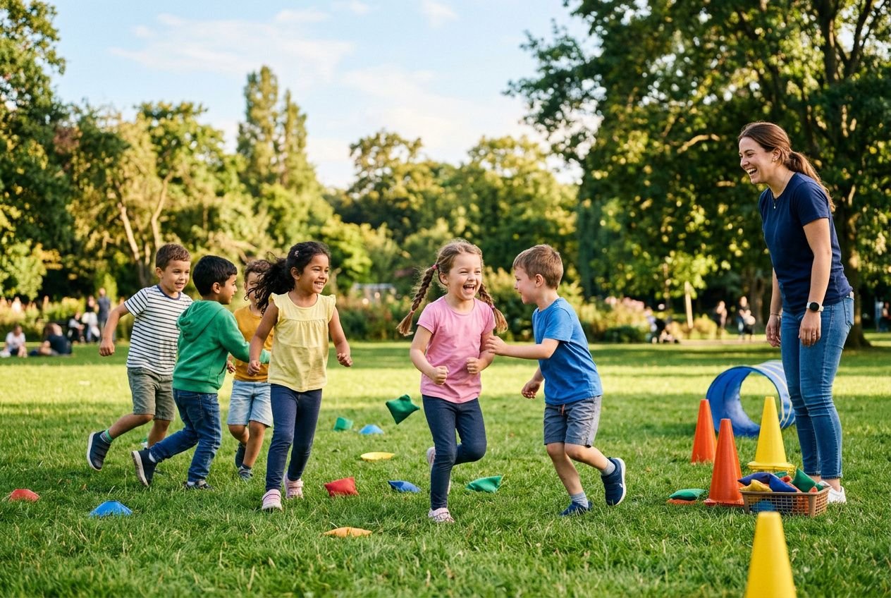 Les enfants jouent en plein air, poussant et se poursuivant parmi des cônes colorés, sous la supervision d’une adulte.