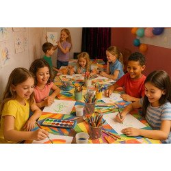 Enfants souriants autour d’une table décorée, peignant des dessins colorés lors d’une animation anniversaire enfant pas cher.