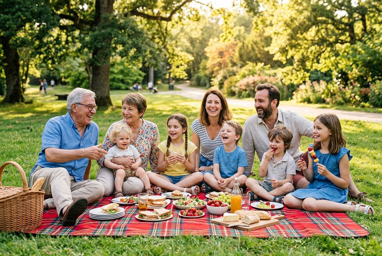 Famille réunie sur une couverture en pique-nique dans un parc, partageant snacks et rires sous les arbres, journée internationale de la famille.