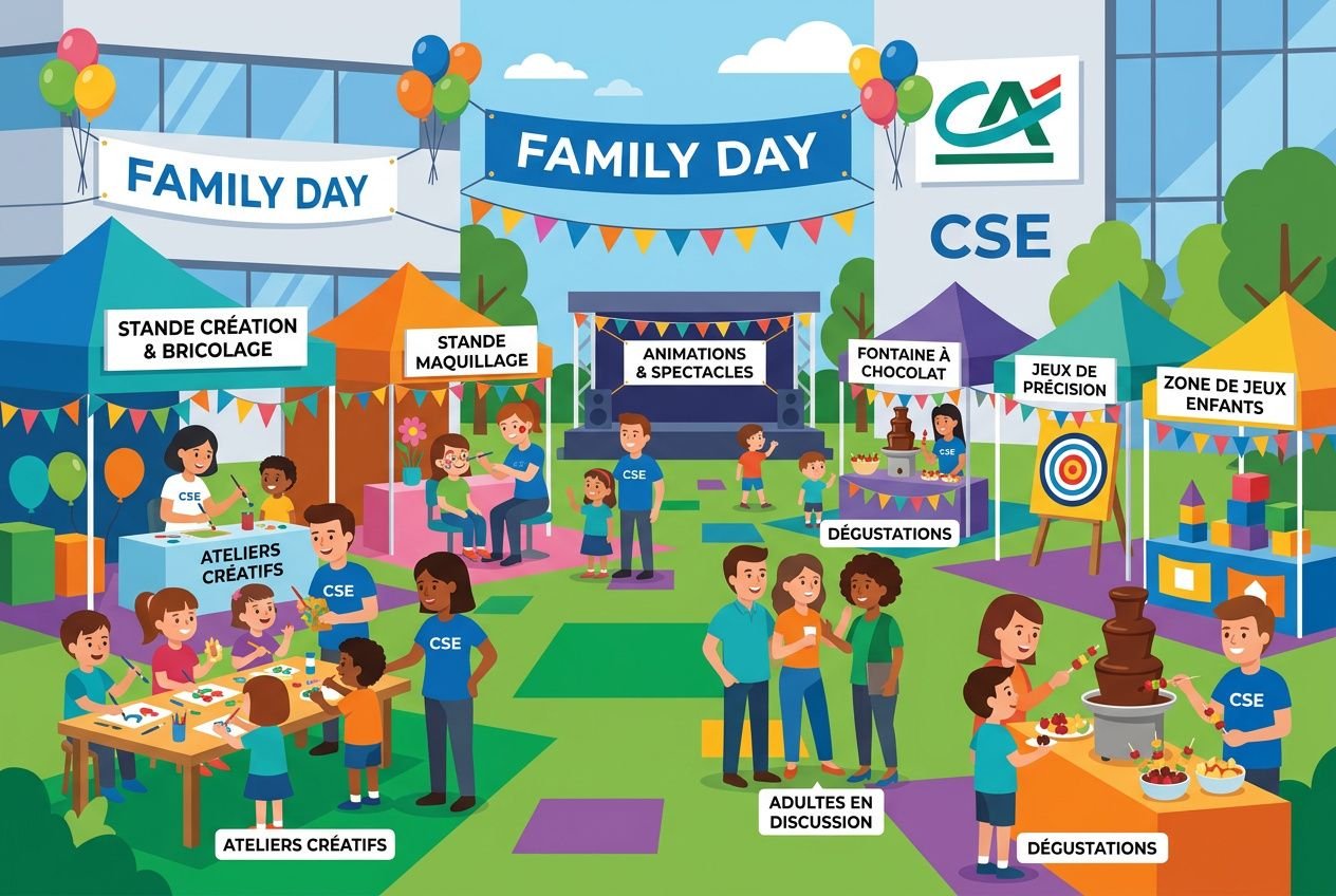 Grand festival extérieur “Family Day” avec stands créatifs, ateliers maquillage et sculptures chocolatées, familles échangeant autour d’animations et dégustations, près d’un logo CSE; lieu pour family day paris.