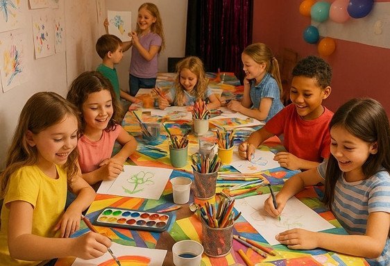 Groupe d’enfants autour d’une table peignant et dessinant des œuvres colorées dans un atelier créatif, avec matériel artistique et décorations.