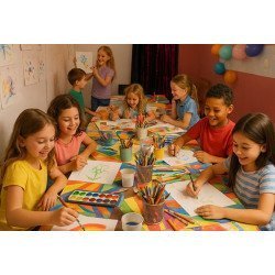 Groupe d’enfants souriants lors d’un atelier artistique créatif, peignant et modelant autour d’une table colorée avec matériel peinture. id الولايات