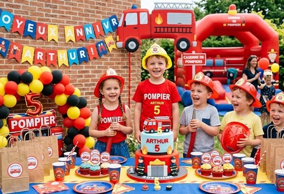 Groupe d’enfants en tenue de pompiers autour d’un gâteau d’anniversaire sur une table, décorations « Joyeux Anniversaire Arthur » et structure pneumatique rouge en arrière-plan. organier anniversaire enfant en vacances proche du thème pompier.
