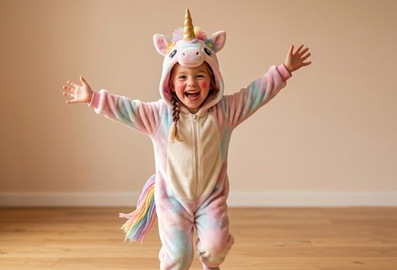 Petite fille souriante en costume de licorne pastel, hors scène, bras écartés, bois clair et mur beige. Organiser un anniversaire minimaliste pour un enfant.