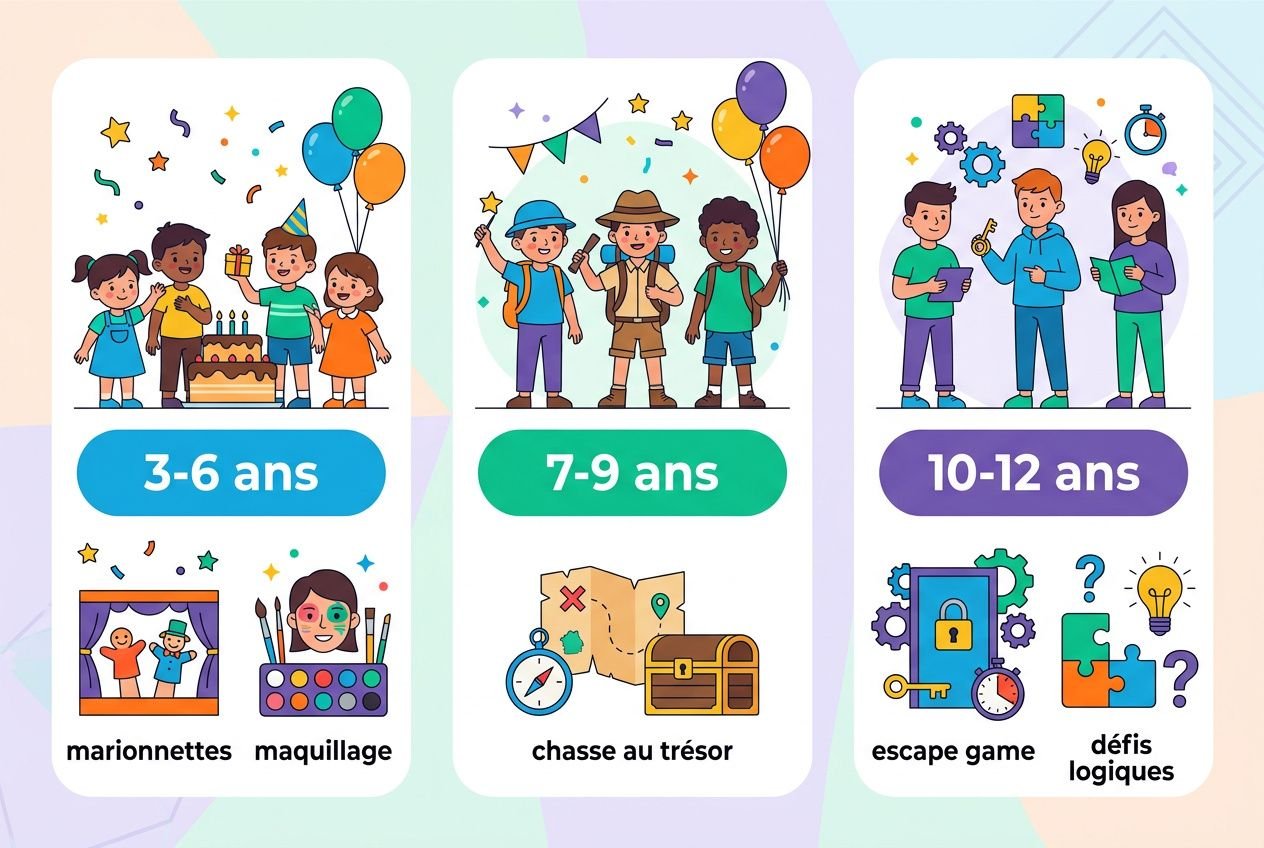 Trois affiches d’animations pour enfants: 3-6 ans (maquillage et marionnettes), 7-9 ans (chasse au trésor) et 10-12 ans (escape game et défis logiques). Animation anniversaire enfant pas cher inclus.